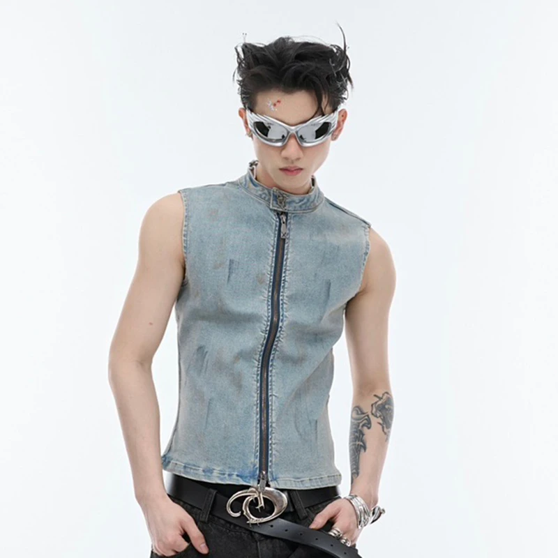 FEWQ Summer Men Denim Vest Slim Fit Top senza maniche 2024 High Street Zipper Stand Collar Casual New Fashion maschile Top 24 e1108