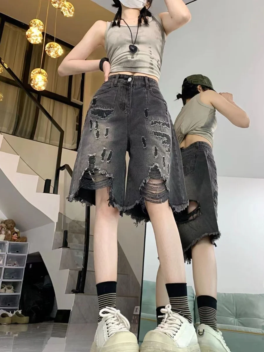 Sweet Spicy Black Grey Denim Shorts Women's Summer New Small Design Sense Frayed Hole Five-Part Trendy Hot Pants