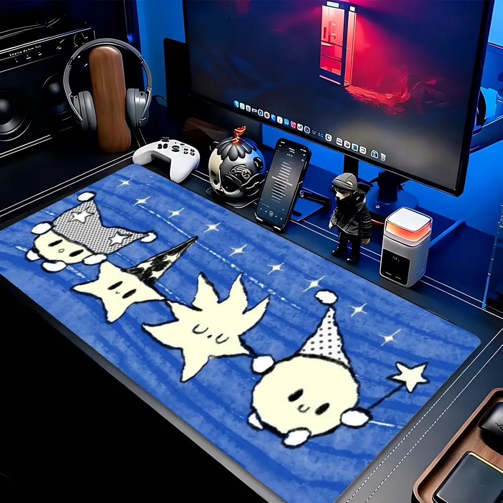 Cute Wizard Star Cat XXL Gaming Mouse Pad Non-Slip Rubber Overlocked Deskmat Blue Starry Print PC Keyboard Desktop Table Mats