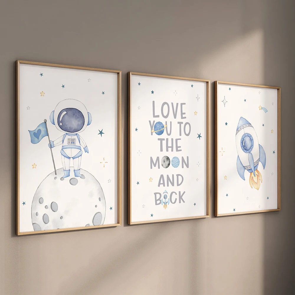 Space Nursery Decor Prints Astronaut Rocket Planets Wall Art Set Canvas Poster Prints Home Bedroom Living Room Decoration Gift