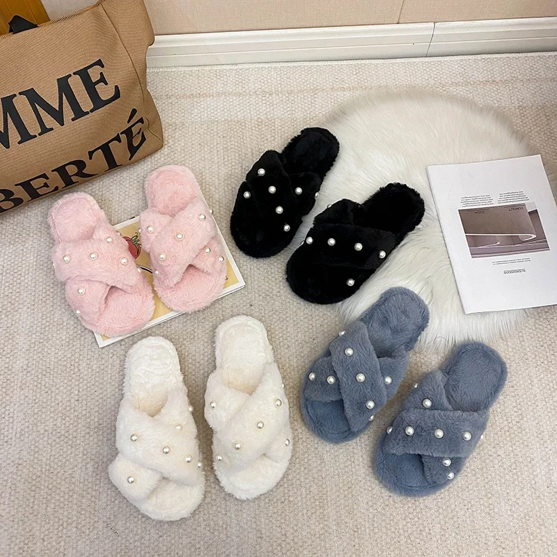 2024 New Autumn Winter Home Slipper Thick Bottom Cross Plush Cotton Drag Net Red Pearl Fluffy Slippers Women Wear