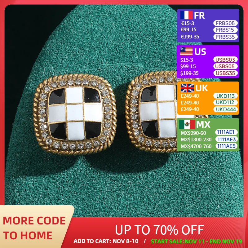 

Vintage Square Stud Earrings Geometric Black and White Grid Gold Color Antique Jewelry for Woman Rhinestones Accessories New