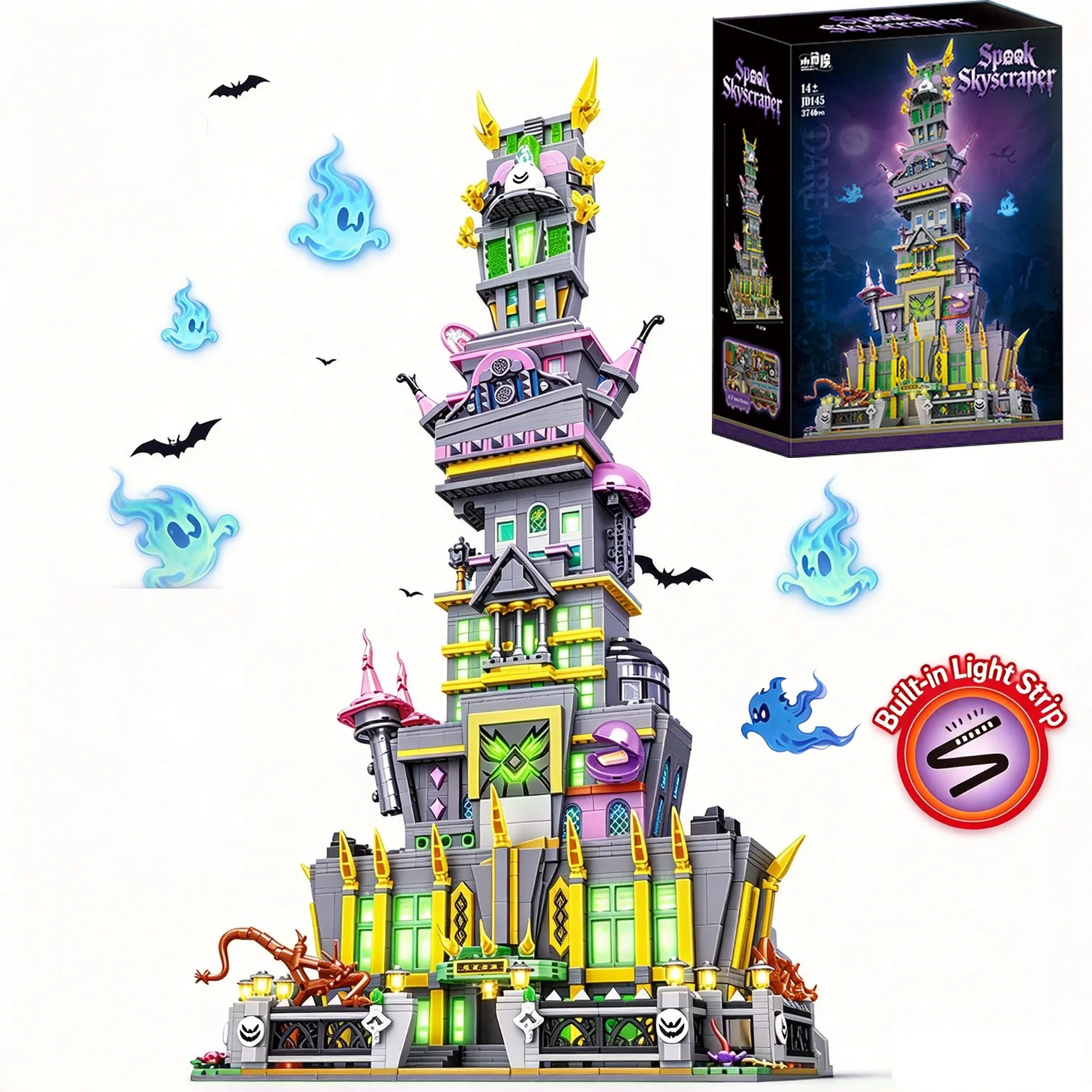 Spook Skyscraper Haunted House Building Blocks Set Halloween Ghost Castle Bricks with LED Light Strip DIY Assembly Toy Gift