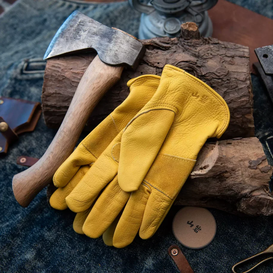 Retro Unisex Yellow Top Layer Leather Gloves Full Genuine Leather Outdoor Protective Warm Gloves Split Finger Motorcycle Gloves
