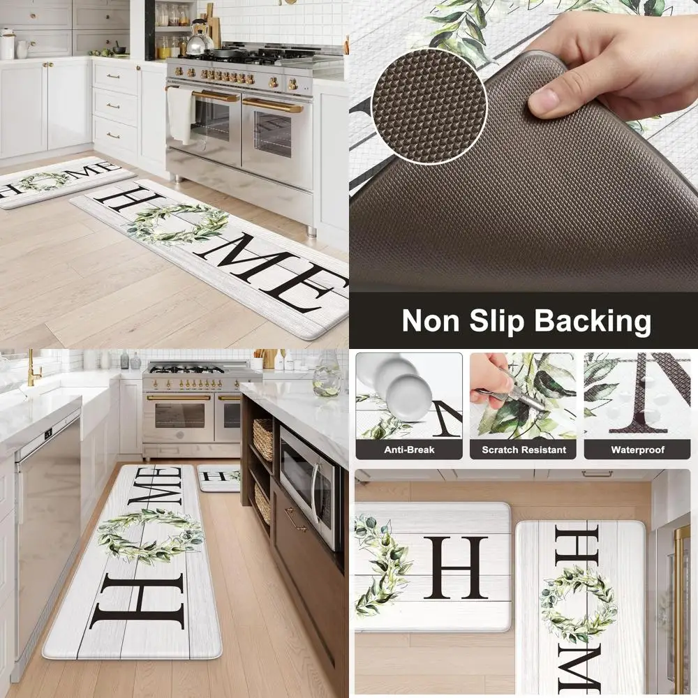 

Pair of Anti-Fatigue Kitchen Rugs, Non-Slip Waterproof Mats, Farmhouse Style Runners, 20x59 & 20x32, White