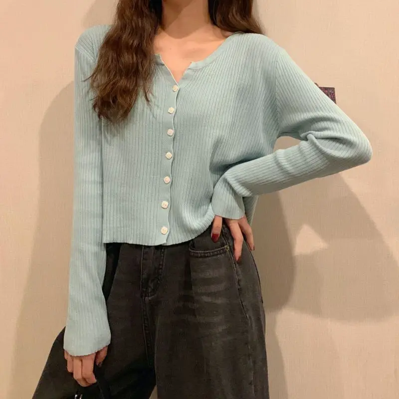 

Casual Thin Knitted Cardigan for Women's Autumn New Lazy Style V-neck Long-sleeved Top