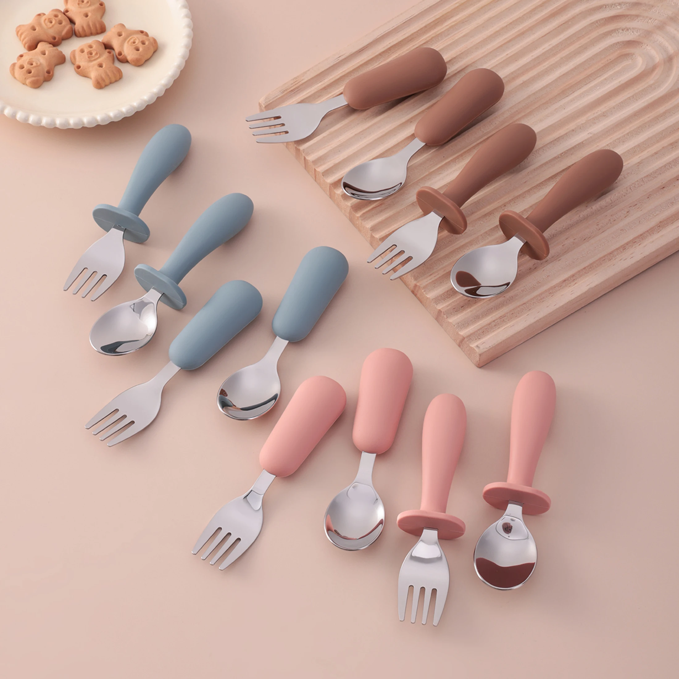 4PCS Baby Training Spoon Fork Set Food Grade Stainless Steel Non-Slip Silicone Handle Self Feeding  BPA Free Baby Accessories