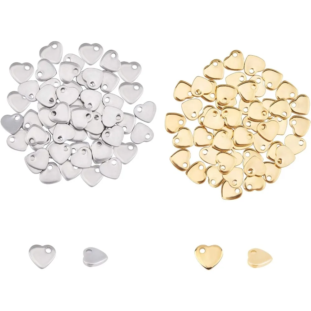 About 100pcs 2 Colors Flat Heart Charm Tiny Love Pendant Stainless Steel Charm Hypoallergenic Metal Charm 1mm Small Hole