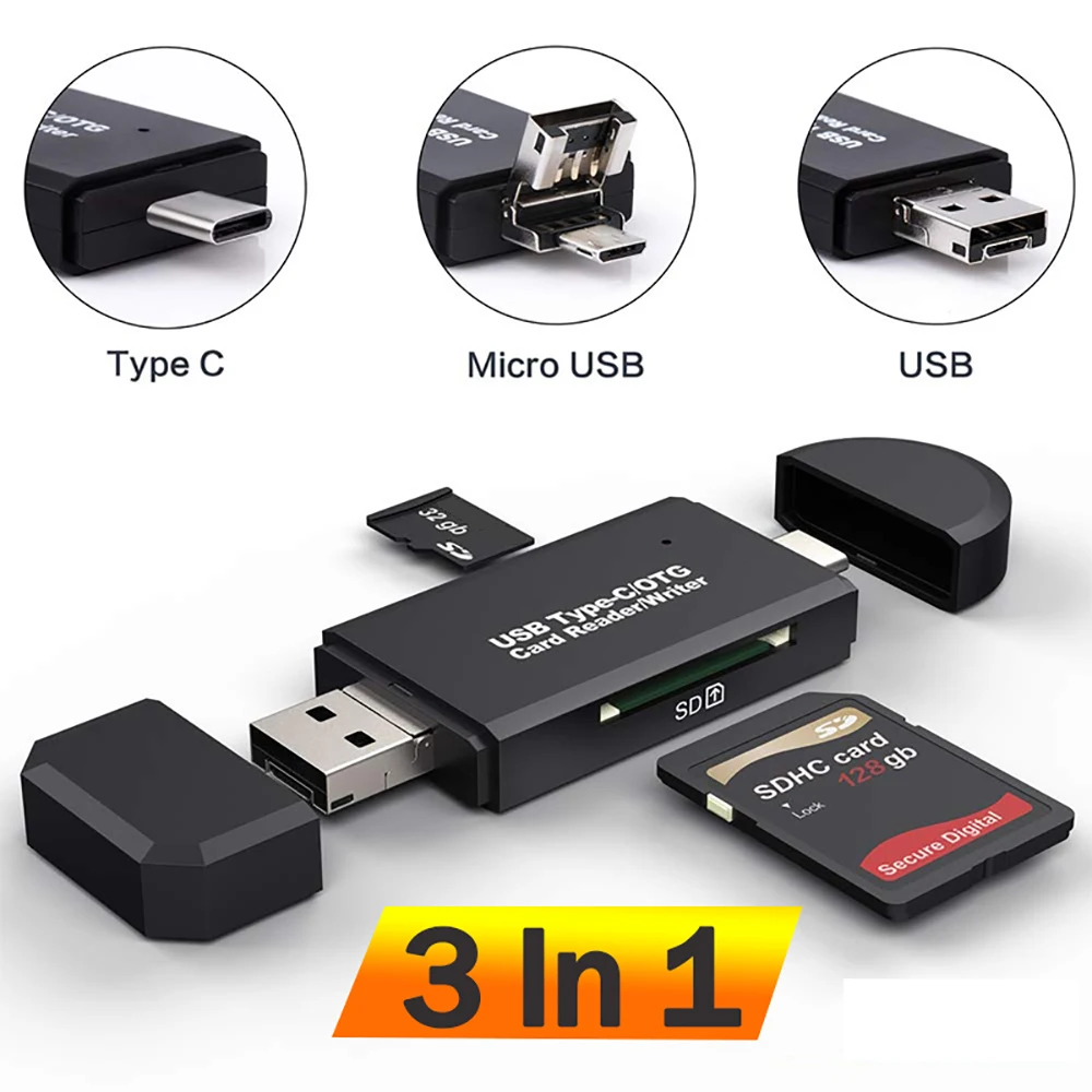 SD TF Card Reader 3 in 1 USB Type C Micro USB to SD TF Card Reader SD TF Memory Card Reader OTG Flash Drive Card Reader Adapter
