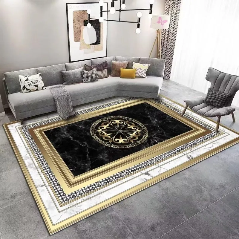 

European Living Room Decoration Carpets Gold Black Frame Marble Rugs Luxury Bedroom Study Decor Rug Large Area Floor Mat tapete