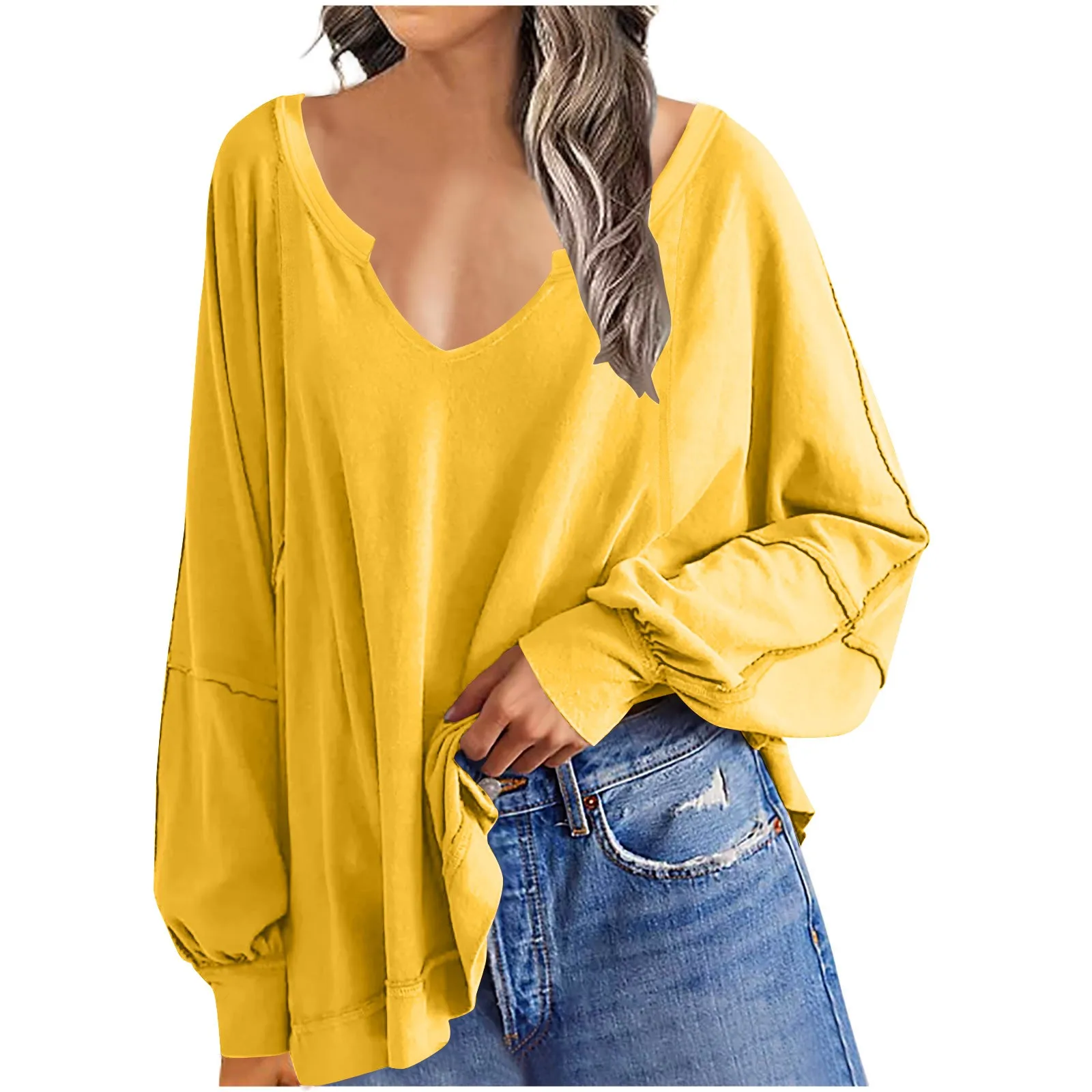 Women's Solid Color Large V-Neck Irregular Loose Fashionable Long Sleeved Sweatshirt Lazy Style Streetwear Lightweight Top