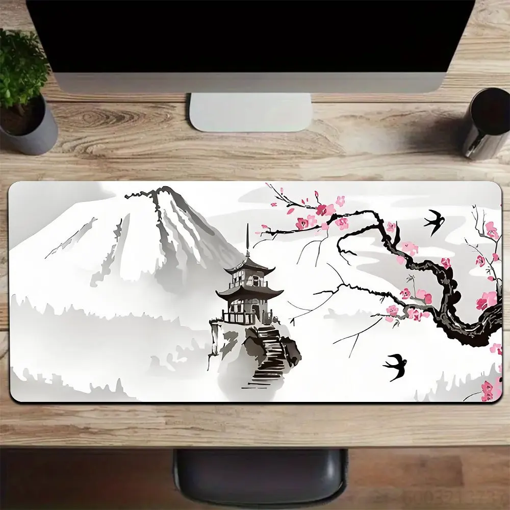 Dark Ink Plum Blossom Large Mouse Pad, Oriental Chinese Red Flower Branch Watercolor Print Waterproof Non-Slip Office Desk Mat