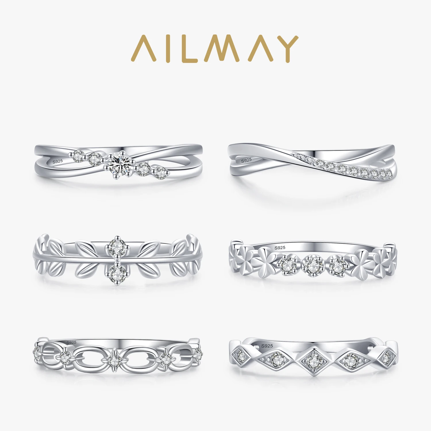 Ailmay New 925 Sterling Silver Popular European Charm Irregular Stackable Clear CZ Finger Ring For Fine Female Fashion Jewelry