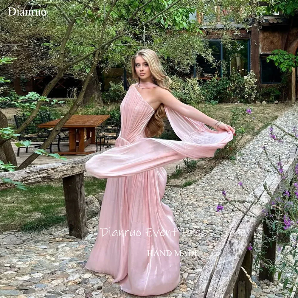 

Dianruo Modern Flowing Shiny Pink Evening Dress Chiffon Sleeveless Dresses For Women Ribbons Vestido De Festa Longo Customized