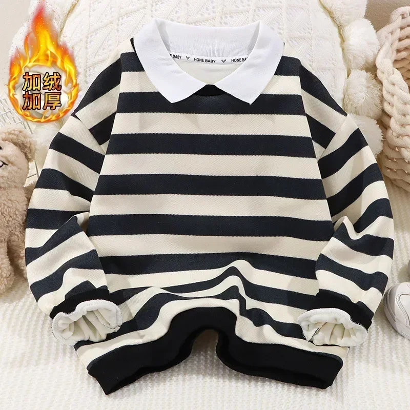 Baby Boys Sweatshirt Kids Striped Hoodies Polo Collar Pullover 2024 Fall Winter 1 To 12Yrs Children\'s Casual Clothing