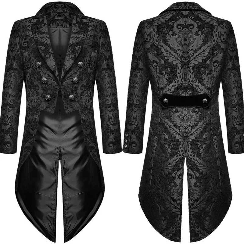 Fashion Men's Gothic Steampunk Tail Jacket Black Brocade Jacket