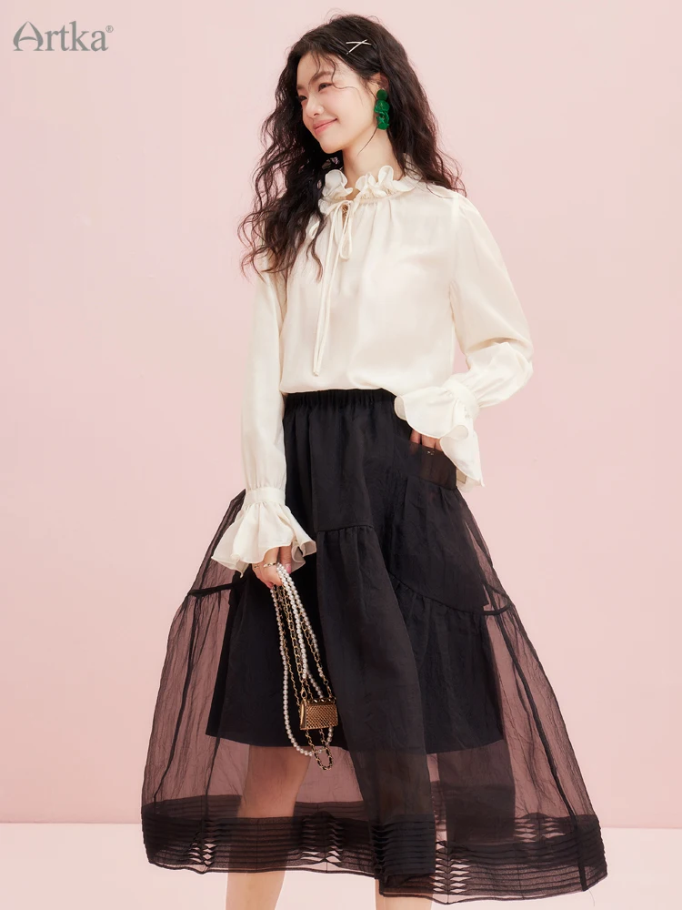 ARTKA 2023 Spring New Women Skirt Elegant Organza Midi Skirts With Pocket A-Line Elastic High Waist Black Skirt Female QA92031C