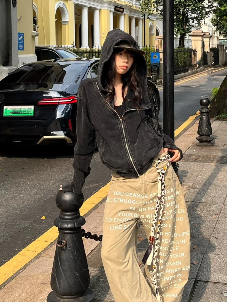 Cappotto da donna estetico vintage Y2k con cerniera Tasche in puro colore Felpa con cappuccio High Street Chic Asimmetrico Capispalla femminile Autunno Inverno