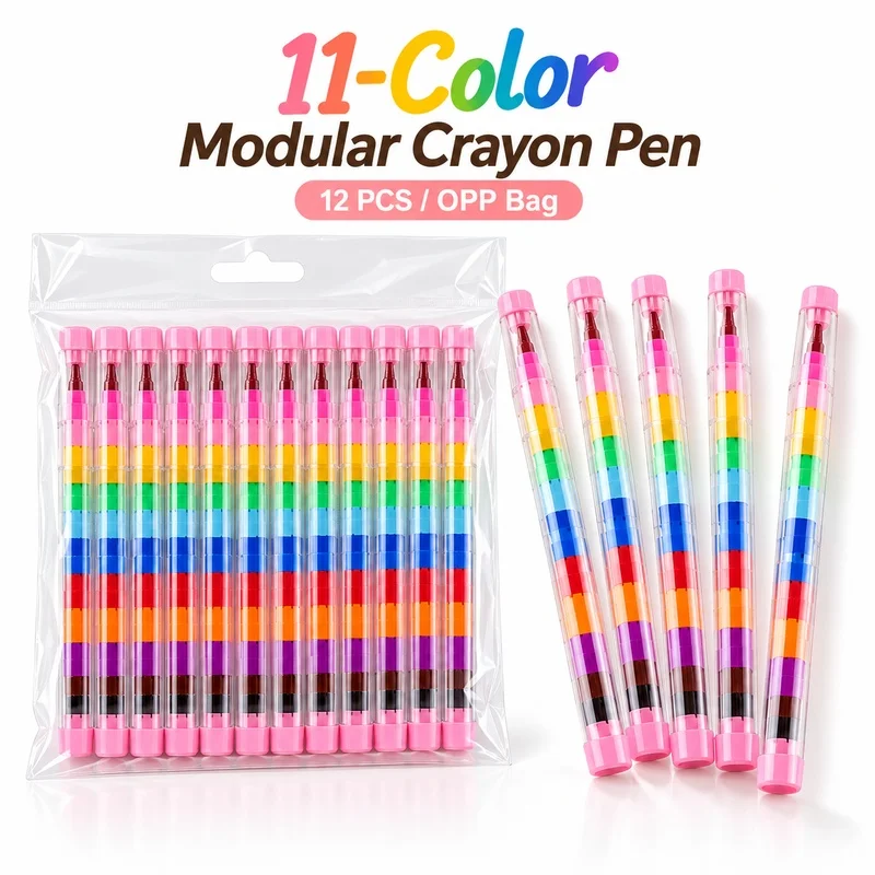 11-in-1 Color Crayon Pen 12PCS Stackable Detachable Drawing Pencils for Kids DIY Painting School Supplies