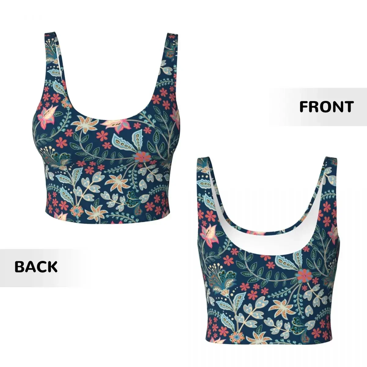 여성용 멕시코풍 여름 플로럴 블루 스포츠 브라 꽃무늬 하이 임팩트 짐 운동 러닝 크롭 탱크탑
