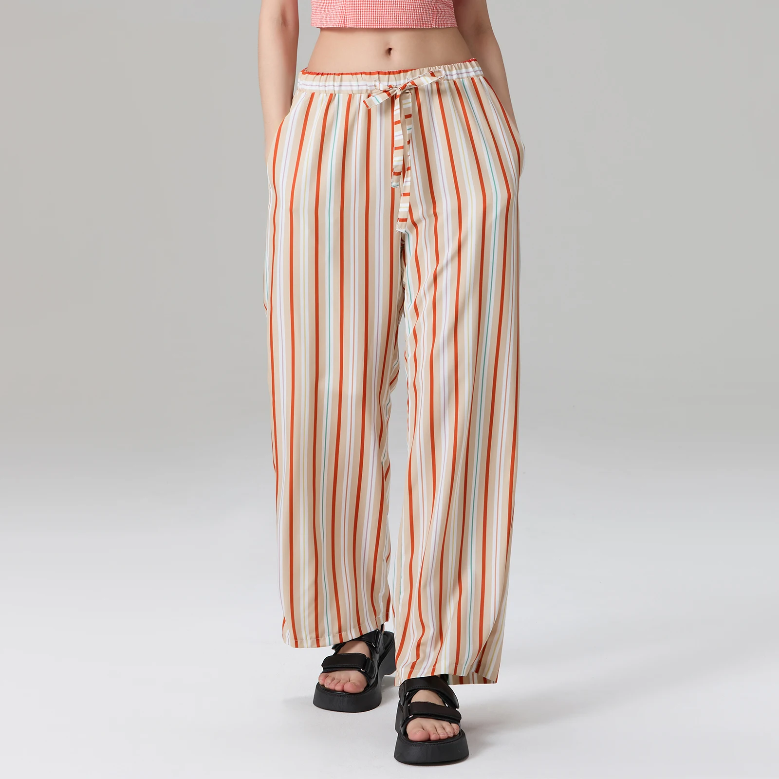 Women Wide Leg Pants Casual Vertical Stripe Print Elastic High Waist Loose Trousers for Work Office Streetwear