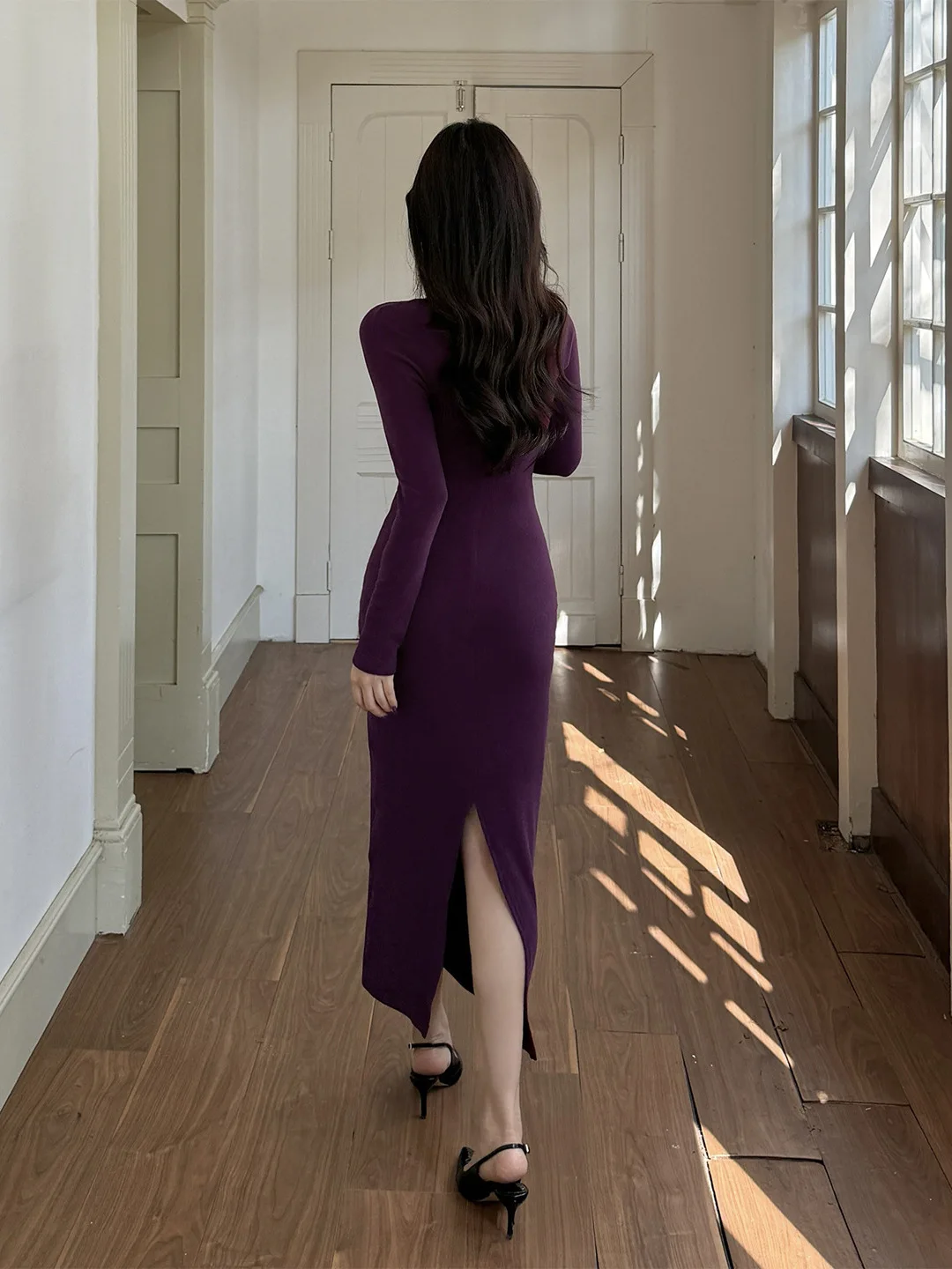 섹시한 퍼플 니트 긴팔 이브닝 드레스 여성용 봄 스퀘어 넥 컷아웃 백 슬릿 바디콘 미디 드레스 럭셔리 파티 프로모션 드레스
