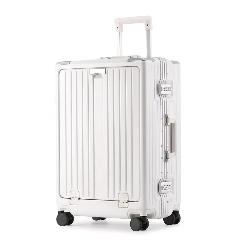 Front-opening suitcase aluminum frame luggage case USB charging interface boarding box with folding cup holder