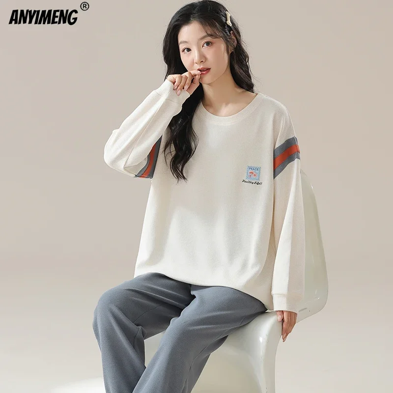 Pyjama en Coton Gaufré à Manches sulfet Col Rond pour Femme, Vêtement de Nuit Décontracté de dehors, Nouvelle Collection Automne Hiver