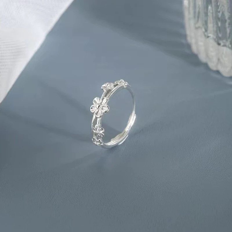 Real 925 Sterling Silver Double Layered Flowers Adjustable Ring For Women Cute Fine Jewelry Niche Design Plant Accessories