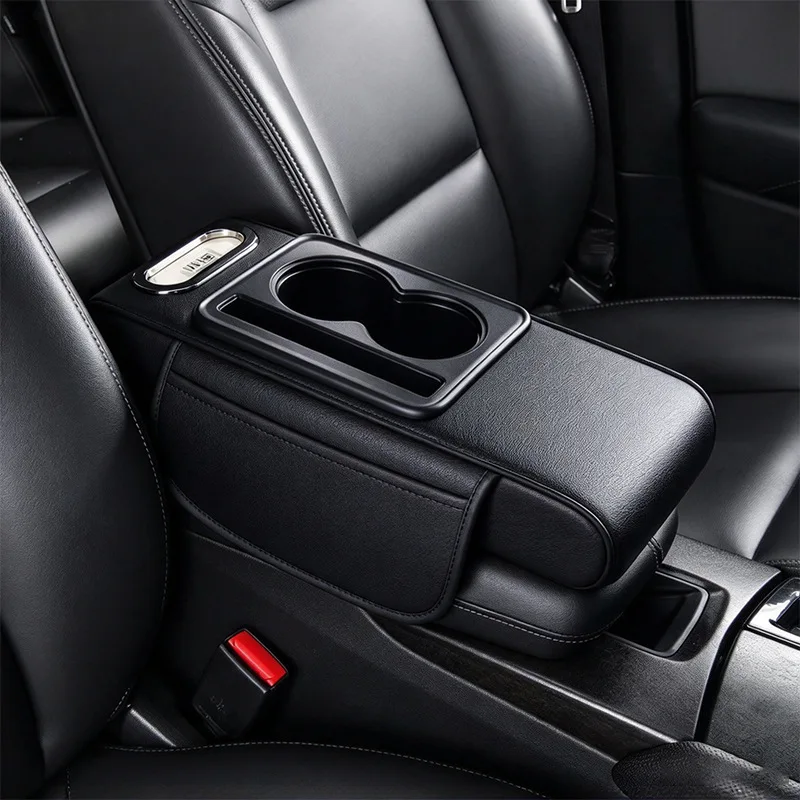 Car Center Console Height Increasing Armrest Cushion Multifunctional PU Leather Armrest Pad with Cup Holder Tissue Box Universal