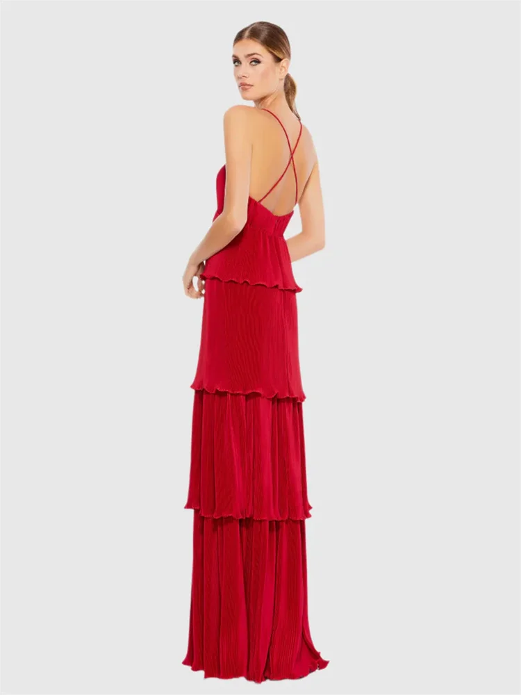 Customized Elegant Ruffled Tiered Maxi Dress Spaghetti Straps V Neck Cross Strap Back Layered Ruffled Skirt Evening Gown