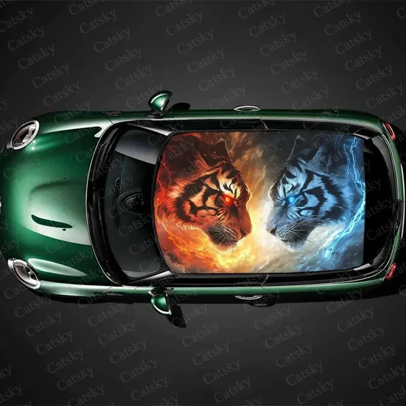 Ice Fire Abstract Tiger Print Car Roof Sticker Wrap Racing SUV Auto Accessories Packaging PVC Car Hood Graphic Decal Decoration