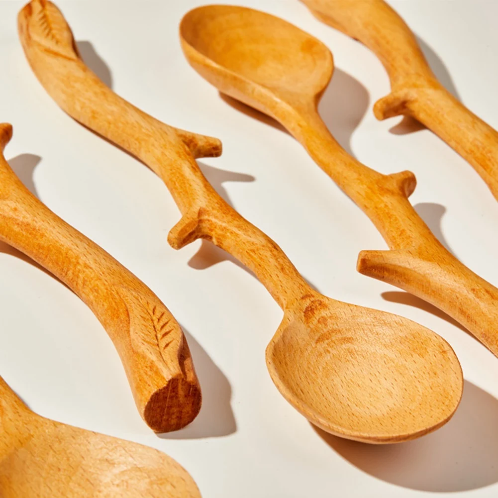 ABUH-5 Pcs Japanese Style Beech Spoons,Branch Shape Long Handle Scoop,Coffee Stirring Spoon,Tableware