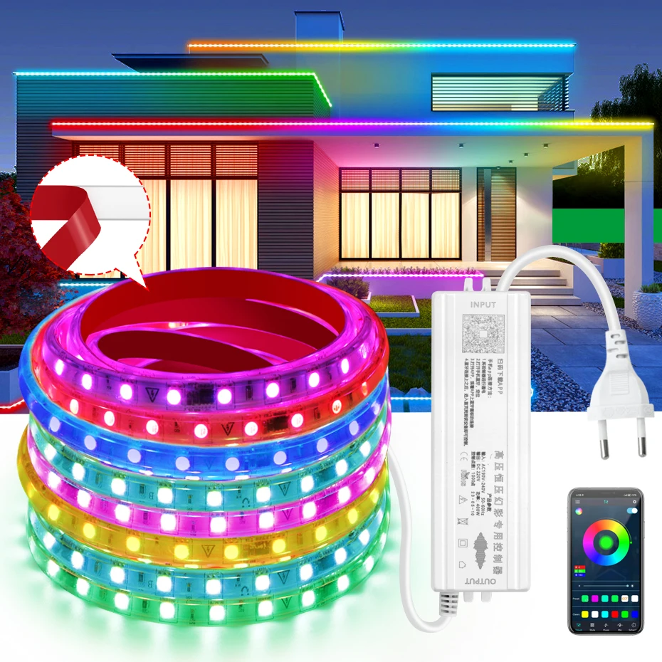 

Adhesive Smart Bluetooth 220V RGBIC 5050 Led Strip Lights Waterproof 20M 50M 100M Dreamcolor 213 Modes No Flicker Decor Tape