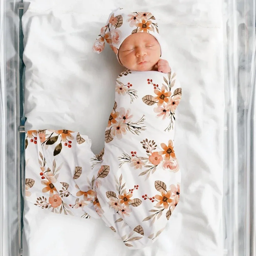 Ylsteed 3 Piece Set Floral Newborn Wrap for Photo Shooting Swaddle Wrap with Hat And Bow Headband Infant Photography Props