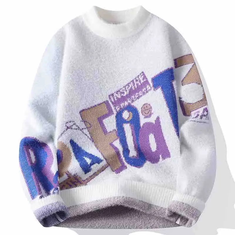 Winter Men's Black Long-Sleeve Pullover Sweater with English Letter Embroidery Asian Sizes, Available in Blue, Green, Red, White