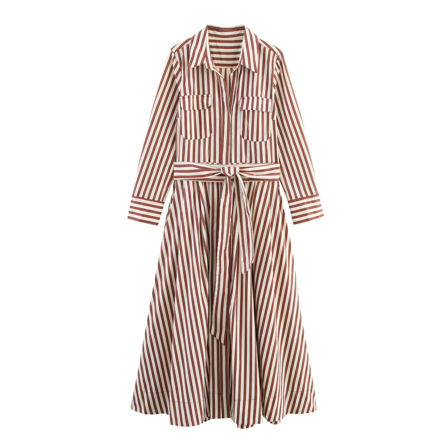 BSAY moda solapa manga larga mujer otoño nuevo artículo 2025 serie rayas adelgazante vestido estilo camisa de un solo pecho