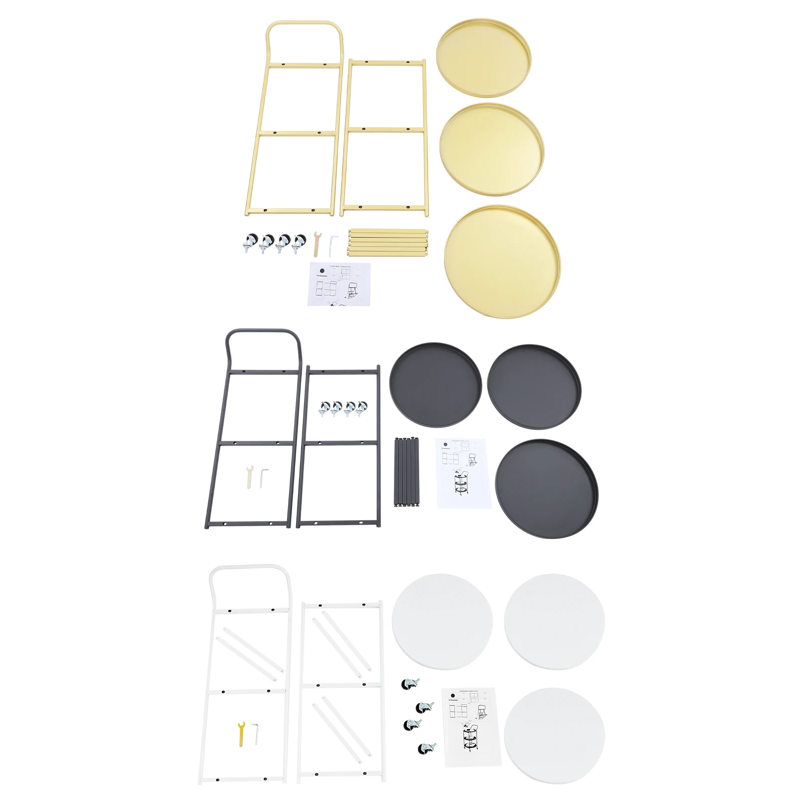 عربة تقديم بإطار معدني مستدير من 3 طبقات باللون الذهبي/الأسود/الأبيض للمطبخ، وغرفة الطعام، وعربة البار الدوارة، وعربة تخزين متنقلة