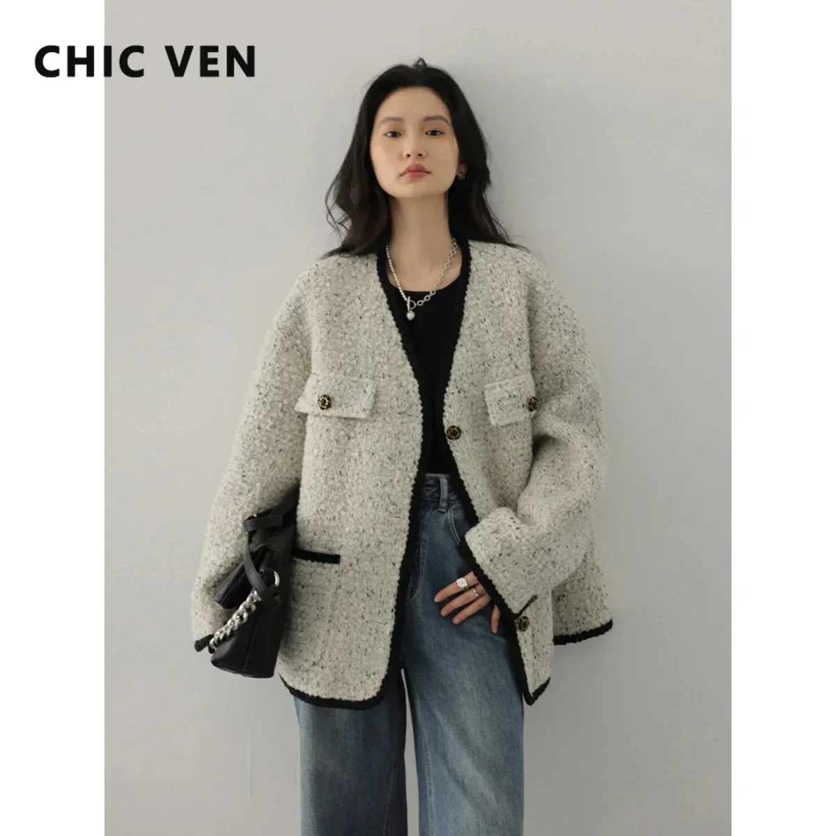 CHIC VEN Women's Down Jacket Vintage Casual Warm Woolen Coat Female Korean Outerwear Fashion Clothes Autumn Winter New 2023