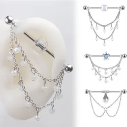 1PC Stainless Steel Industrial Piercing Barbell with Chain Bead Dangle Industrial Scaffold  Body Piercing Cartilage Earring 14G