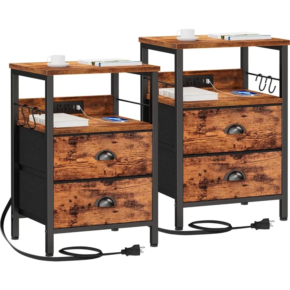 

Nightstand Set of 2, Rustic Brown, with Charging Station and USB Ports, Side Tables with 2 Fabric Drawers