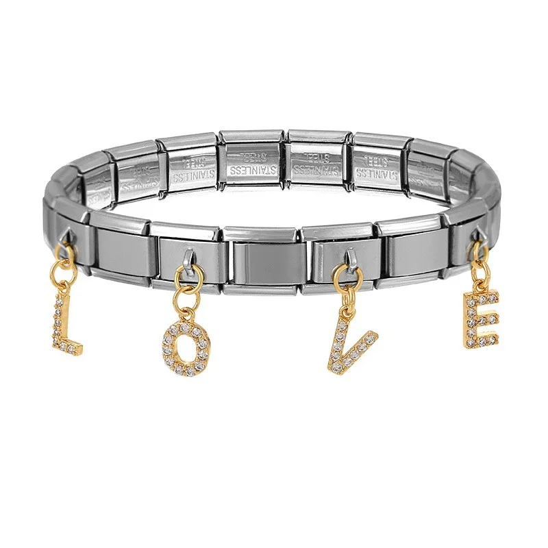 6pcs English LOVE Letters Pendants Italian Charm Stainless Steel Bracelet Pack with Basic Chain Tool DIY Jewelry Set Strap Chain