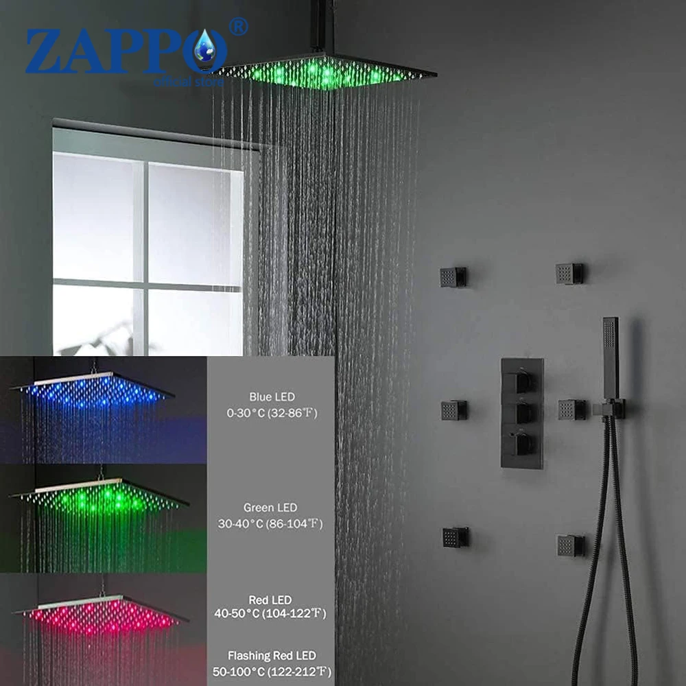 

ZAPPO LED Rain Shower Fixtures Thermostatic Multiple Shower System with Body Jets Ceiling Mounted Brass Shower Faucet Combo Set