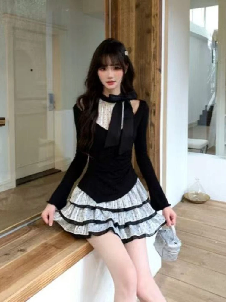 French Sexy Princess Long Sleeve Skirt Suit Aesthetic Sweet Slim Lace Patchwork Set Bow Fashion Party Two Piece Sets 2024 Winter