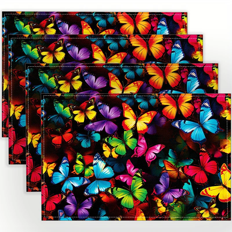 Colorful Rainbow Butterfly Black Background Rectangular Placemats Set Bright Dining Table Decor Mats 4pc
