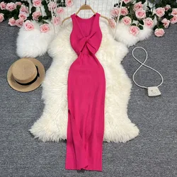 YuooMuoo Women Dress 2024 Summer Fashion Two Sides Available Knitted Bodycon Dress Elegant Split Long Party Vestidos Robe Femme