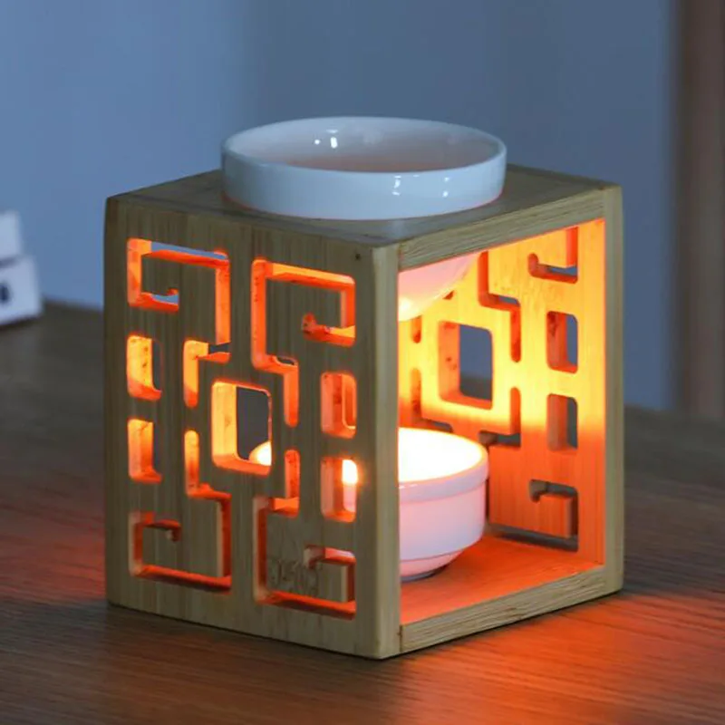 Wooden Hollow Aromatherapy Burner Essential Oil Furnance Household Candle Holder Oil Lamp Bedroom Home Decor