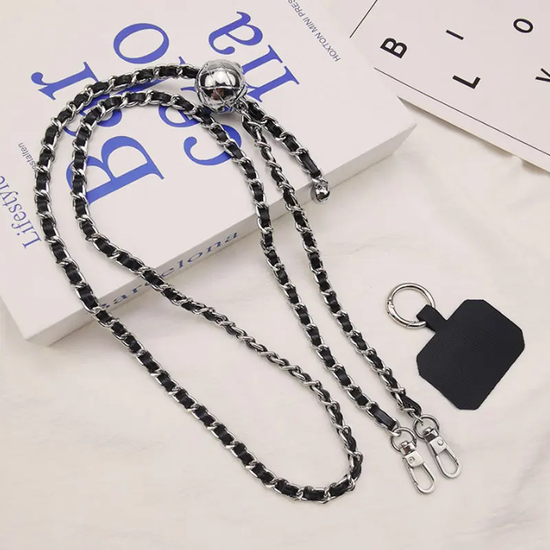 Metal Leather Long Phone Lanyard Adjustable Crossbody Shoulder Strap Chain For All Phone Case Anti-lost Necklace Cord with Clip