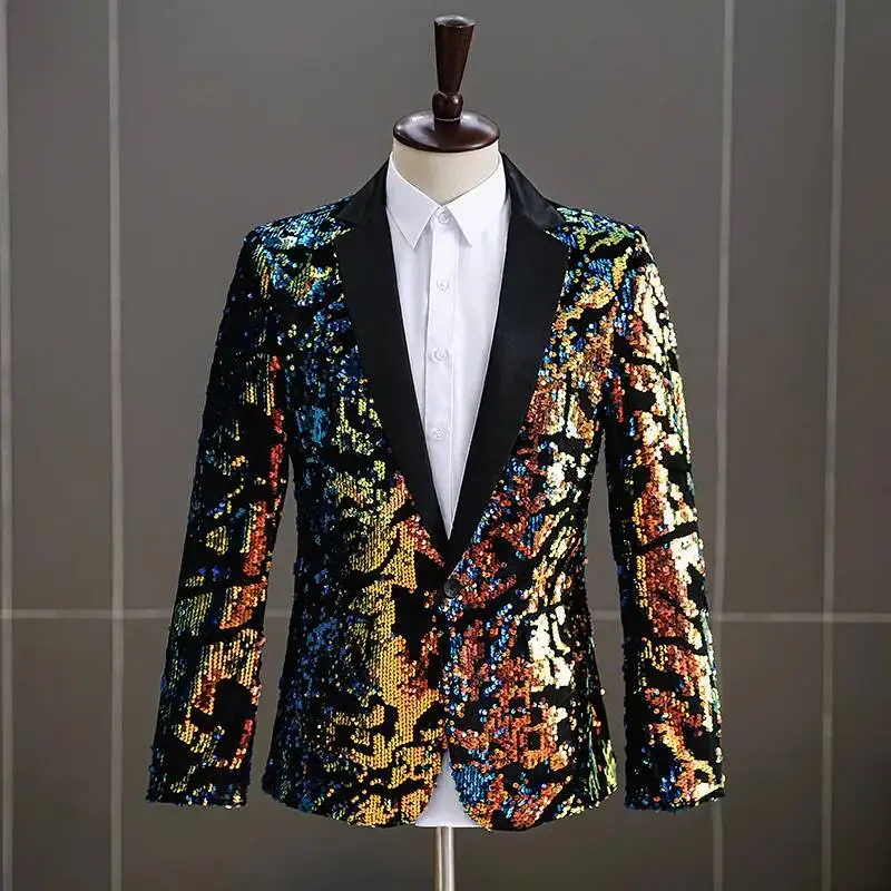 Velvet Men's Blue Sequin Purple Casual Suit Jacket DJ Singer Host Shiny Korean Version Dance Performance Costume