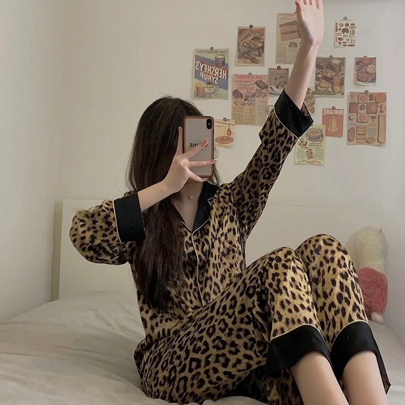 Thailand Spring and Fall Pajamas Set Women's Fashion Leopard Print Long-Sleeved Sleepwear Loungewear Ladies Upscale Homewear